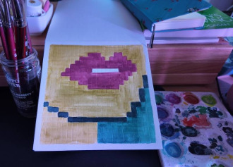 photo of pixel watercolor sketchbook on page 4, a pixel portrait of a woman's pink lips to her neck