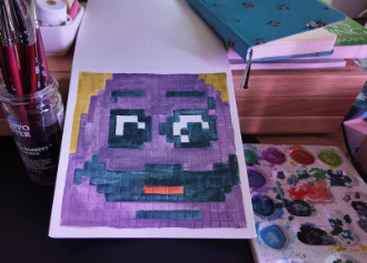 photo of pixel watercolor sketchbook on page 10, a pixel portrait of grimace of purple mcdonalds fame
