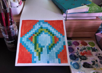 photo of pixel watercolor sketchbook on page 12, a pixel figure drawing of the front view of a woman with blue skin and green hair