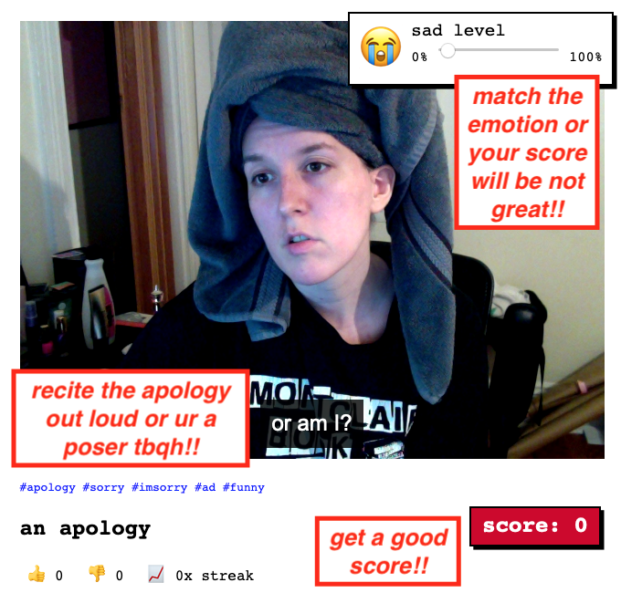 screenshot of the game, you have to match the emotion, recite the apology out loud and try to get a good score!!